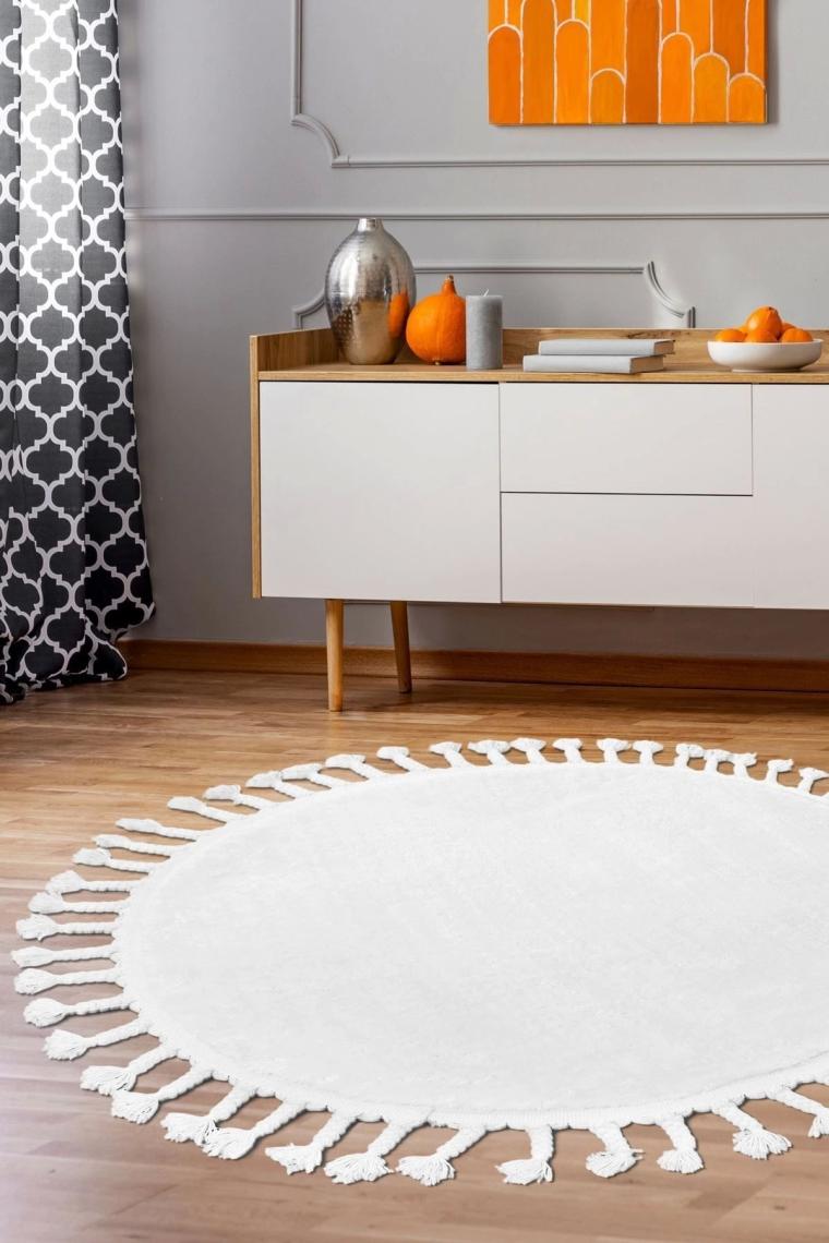 Dijidekor Peluş Halı Beyaz Saçaklı Yuvarlak Kesme Post Yolluk Kilim