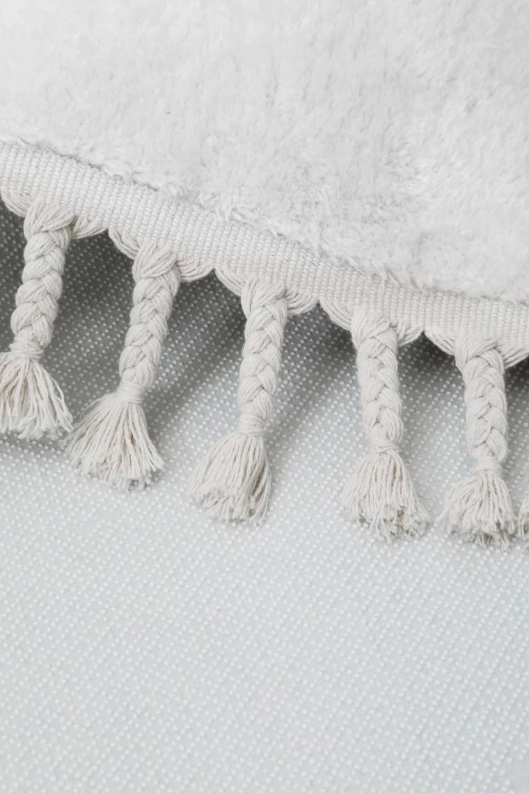 Dijidekor Peluş Halı Beyaz Saçaklı Yuvarlak Kesme Post Yolluk Kilim
