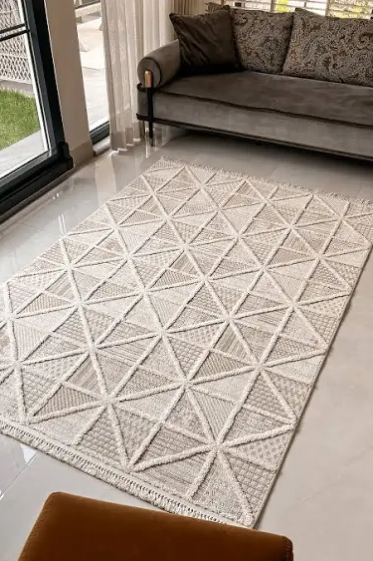 Cool Halı Sakura 2201 Krem Hav Toz Vermez Etnik Desenli Modern Bukleli Salon Halısı