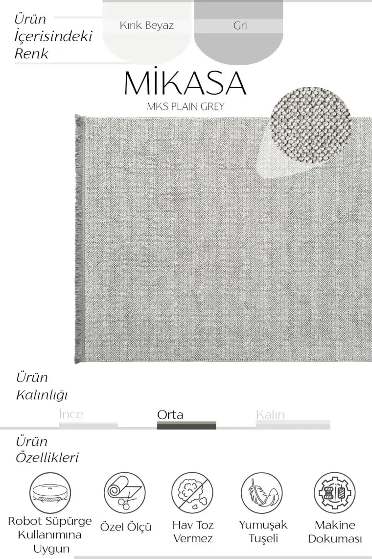 Cool Halı Mikasa Mks Plain Gri Yumuşak Dokulu Halı Kilim Salon Koridor Kesme Yolluk Dokuma Makine Halısı