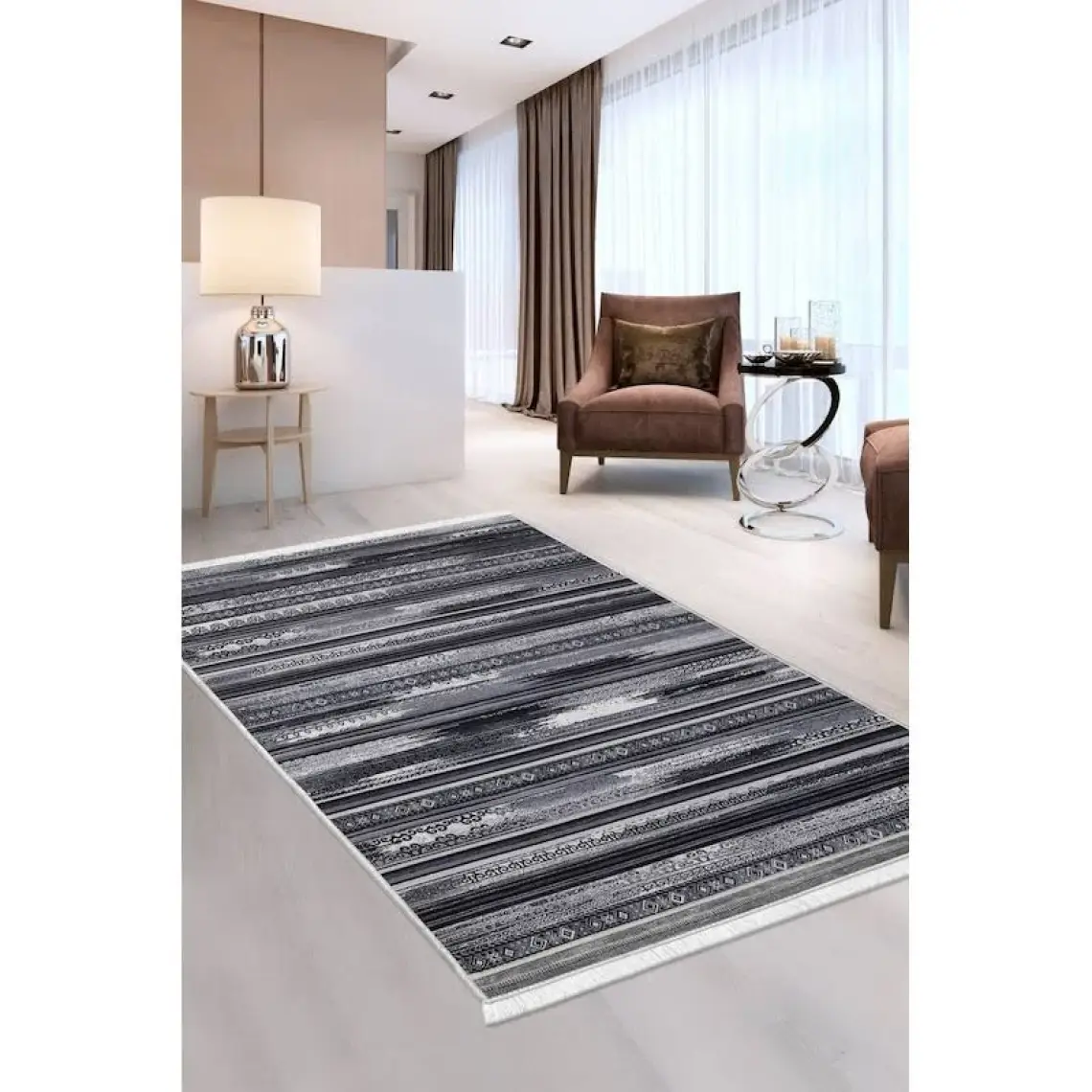 Dijidekor Halı Gri  Köln Yıkanabilir Saçaklı Kare Kesme Ince Yolluk Kilim Salon Halısı Modeli
