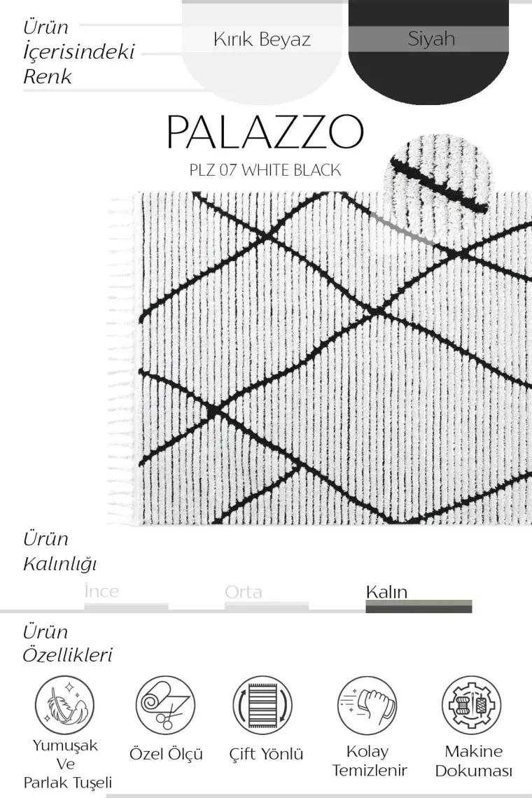 Palazzo 07 Beyaz Siyah Bukle Salon Halısı Hav Vermez Mutfak Halısı Çocuk Odası Halısı Koridor Yolluk