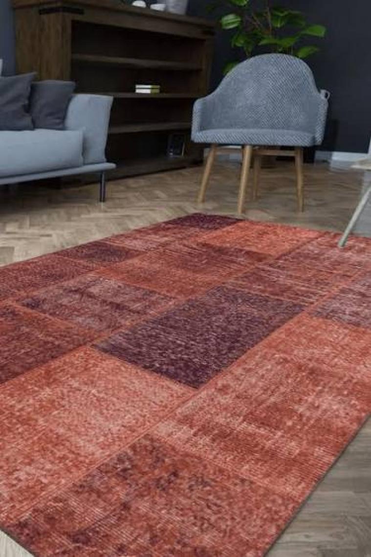 Artloop Patchwork Desenli Salon Halısı, Jazz Şönil |Pamuk-Polyester| Turuncu Halı Al 62