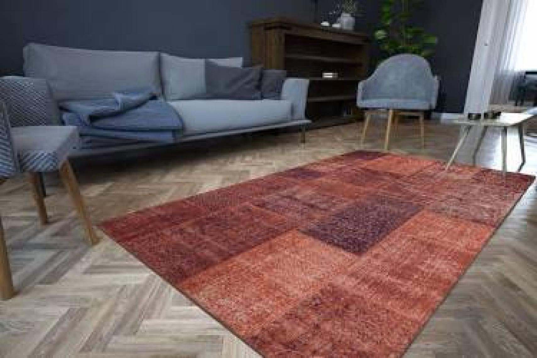 Artloop Patchwork Desenli Salon Halısı, Jazz Şönil |Pamuk-Polyester| Turuncu Halı Al 62