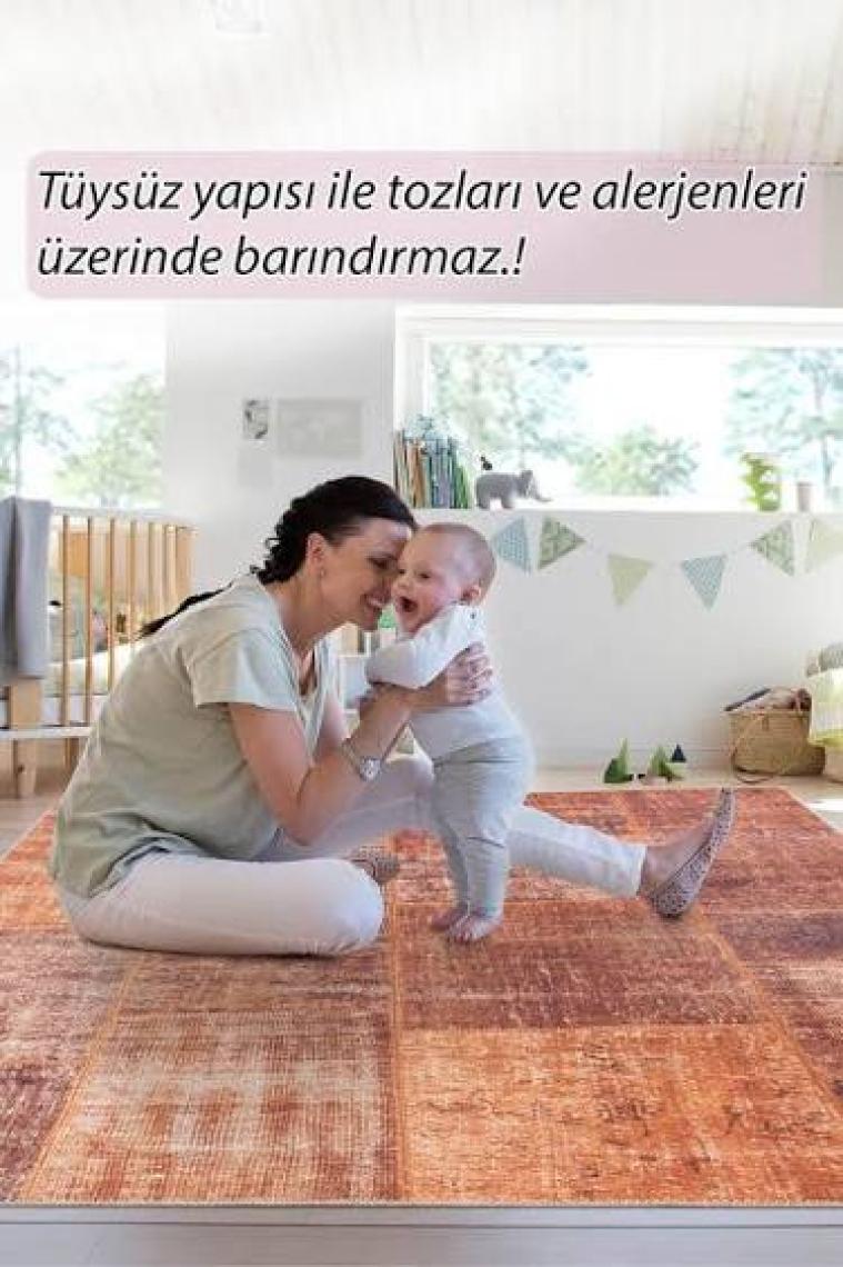 Artloop Patchwork Desenli Salon Halısı, Jazz Şönil |Pamuk-Polyester| Turuncu Halı Al 62