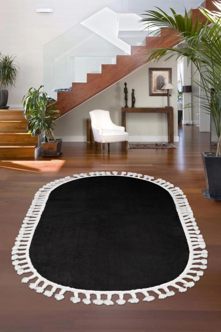 Dijidekor Peluş Halı Siyah Saçaklı Oval Post Kesme Yolluk Kilim