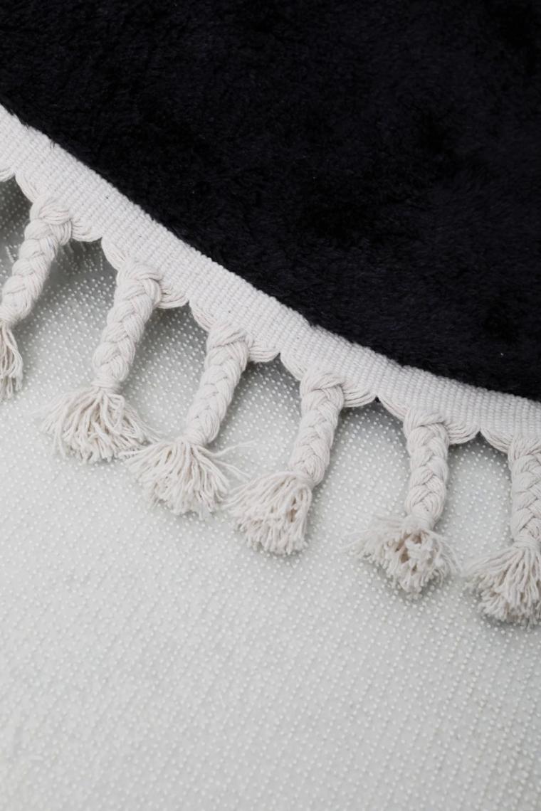Dijidekor Peluş Halı Siyah Saçaklı Oval Post Kesme Yolluk Kilim