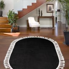 Dijidekor Peluş Halı Siyah Saçaklı Oval Post Kesme Yolluk Kilim