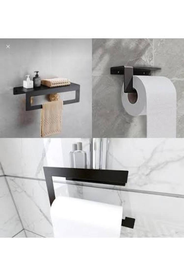 Thorqtech Modern Metal 3'lü Set Raflı Banyo Havlu Askılığı Rulo Havlu Askılığı Tuvalet Kağıtlığı