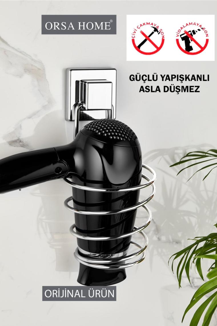 Orsa Home ORS615 Kare Güçlü Macun Yapışkanlı Saç Kurutma Makine Askısı Krom Fönlük