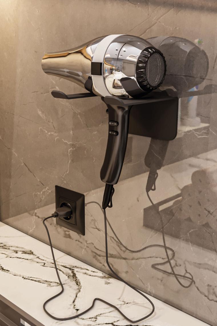 Saç Kurutma Makinesi Tutacağı, Black Fön Makinesi Banyo Rafı Askısı