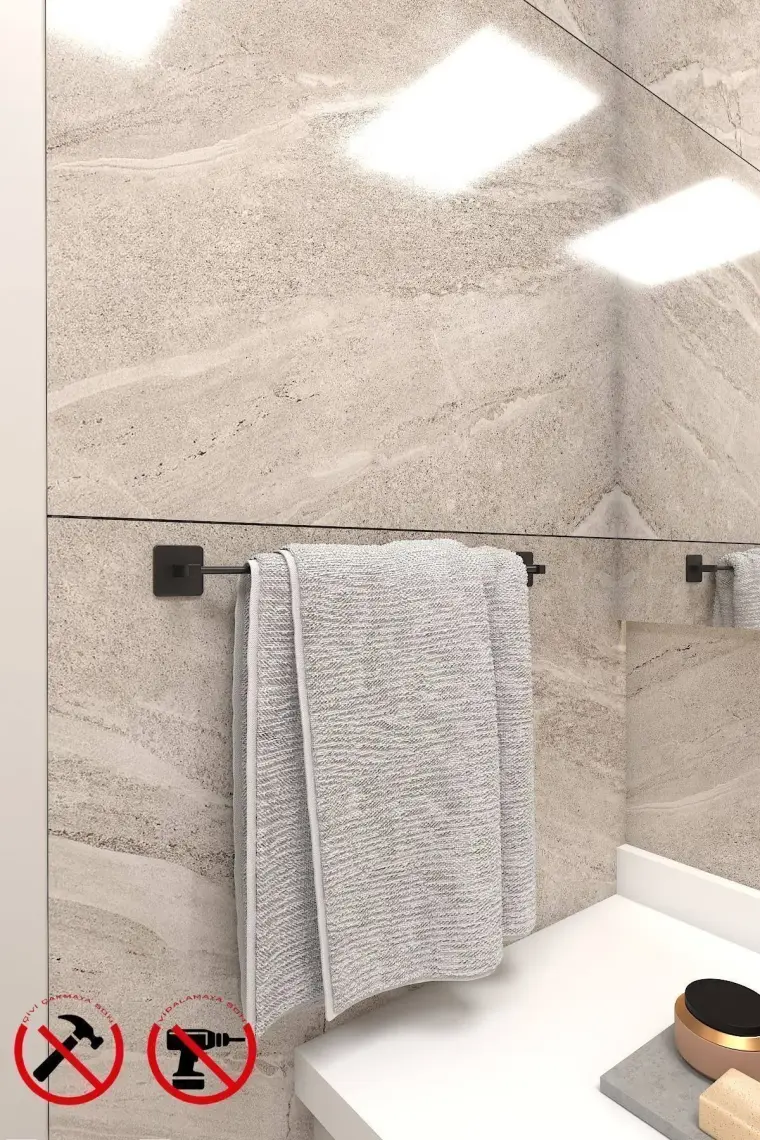Alper Banyo Yapışkanlı Siyah Kare Uzun Havluluk Havlu Askısı 40 cm