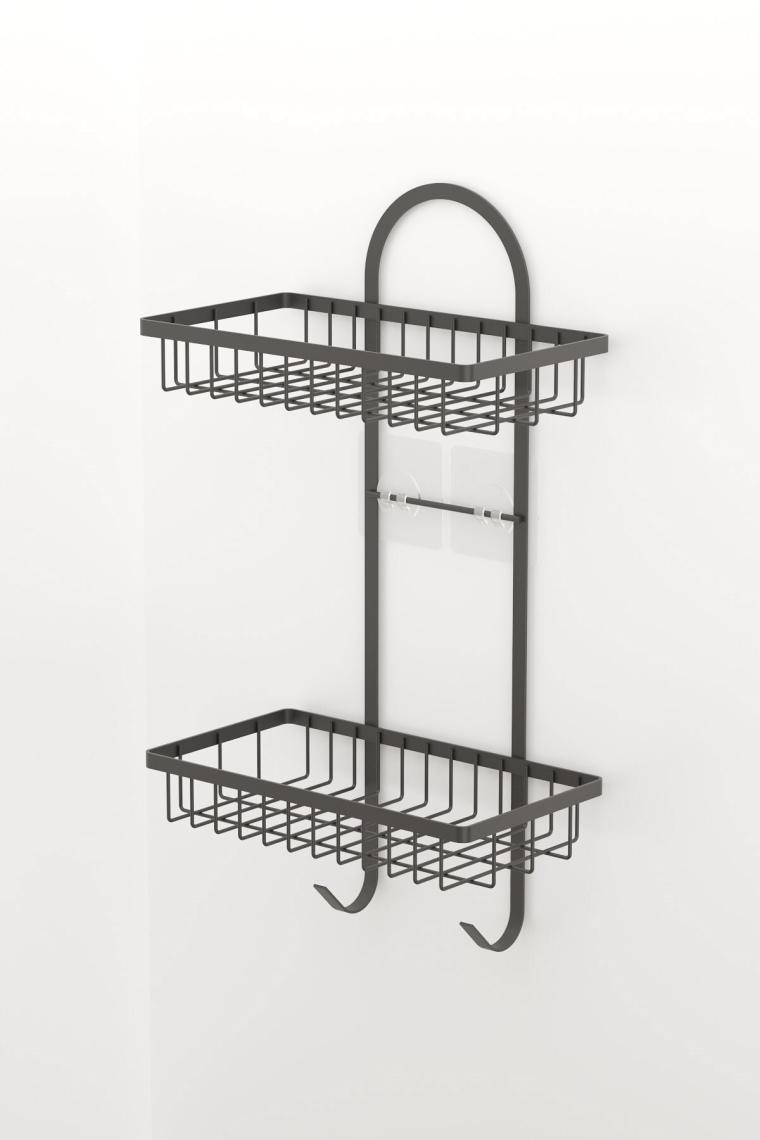 Teknotel Yapışkanlı Iki Katlı Kancalı Banyo Rafı Mat Siyah St308