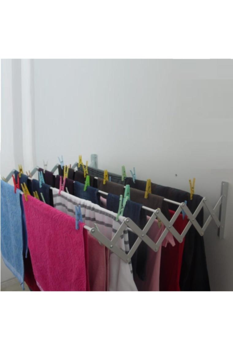 Depolife Çamaşır Balkon Kurutma Askısı Akordiyon Elbise Kurutmalık 85CM-9 Çubuk Alüminyum Duvar Montajlı