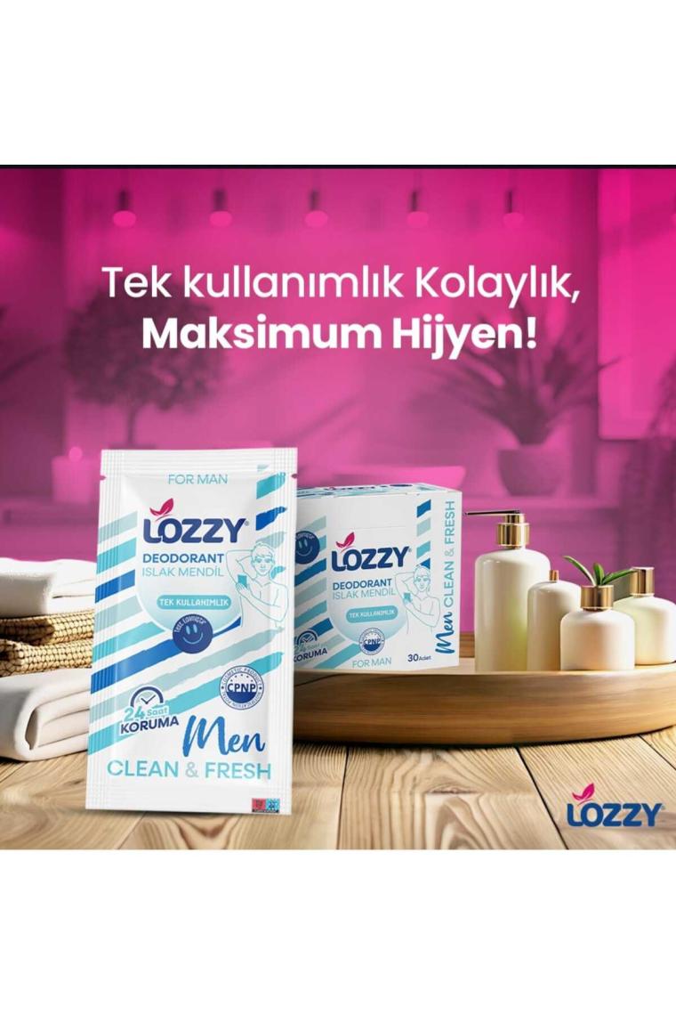 Lozzy Erkekler Için Deodorant Mendilleri -Okyanus Kokulu - Doğal ve Etkili Vegan Içerikler - Alüminyumsuz - Plastiksiz - Ph Dengeli - Hipoalerjenik - 30'lu Paketi