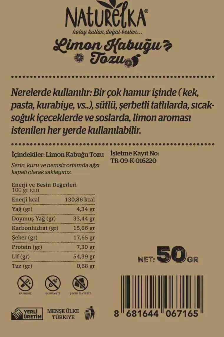 Naturelka Limon Kabuğu Tozu Glutensiz 50 gr