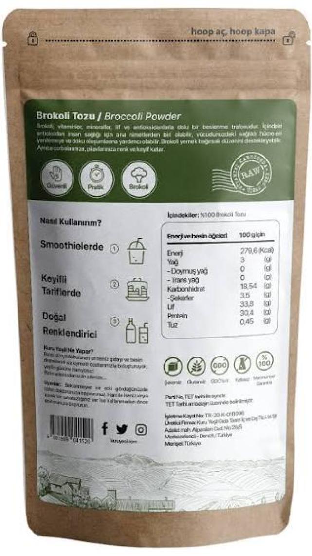Kuru Yeşil - Brokoli Tozu - Dried Vegetables Powder - Broccoli Powder - Doğal Sebze Tozu - 100 Gr
