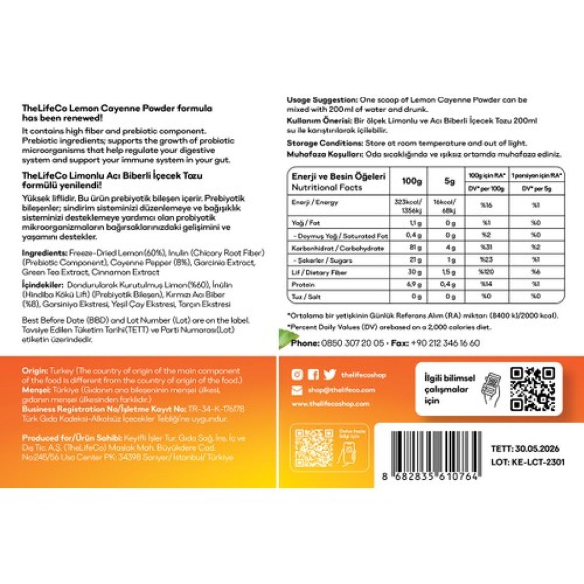 TheLifeCo Limonlu Acı Biberli Içecek Tozu 150 gr (Lemon Cayenne - Detoks İçecek Tozu)