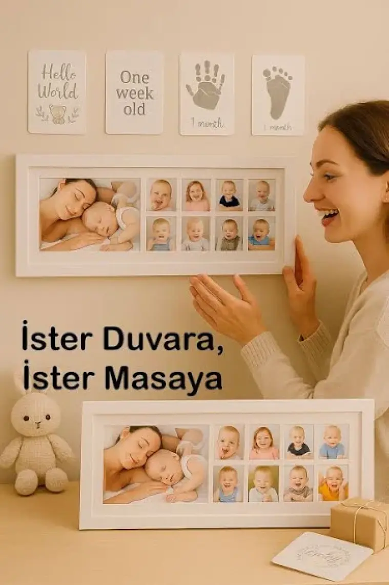 Moky Design Bebek Ilk Yıl Fotoğraf Çerçevesi, 12 Aylık Hatıra Resimleri, Hediyelik Yenidoğan Anı Albümü 43X16 cm