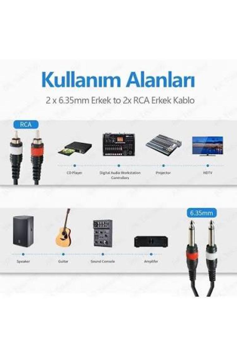 BK Teknoloji 2x 6.35 mm 1/4 Erkek Jack To 2x Rca Erkek Ses Kablosu 3 Metre