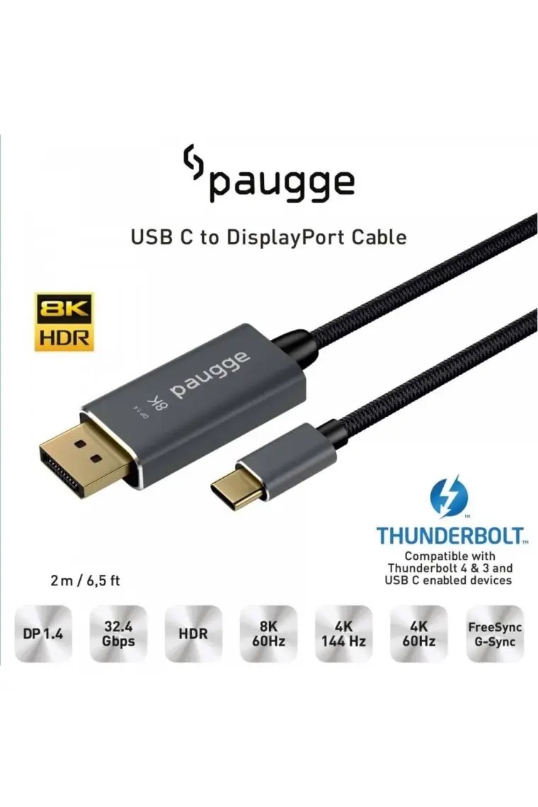 Paugge USB C to Displayport Kablo - DP 1.4, Thunderbolt 4, Thunderbolt 3, HDR, 8K 60Hz, 4K 144Hz, 4K 120Hz, 4K 60Hz, 2K 240Hz, Full HD 240Hz, Örgülü, 2 Metre (CDP14B-PRO)