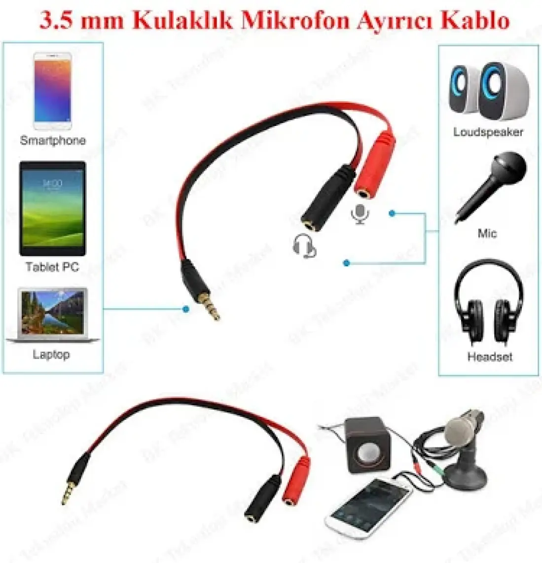 Ti-Mesh 3.5Mm 4 Kutuplu 3 Halka 2X3.5Mm Jack Trrs Mikrofon+Ses Kablosu - 15Cm
