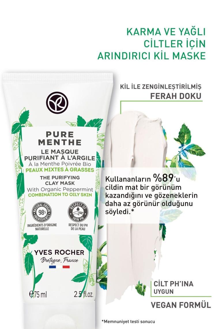 Karma ve Yağlı Cilt, Arındırıcı, Temizleyici, Matlaştırıcı Prebiyotik Kil Maske-Pure Menthe-75ml