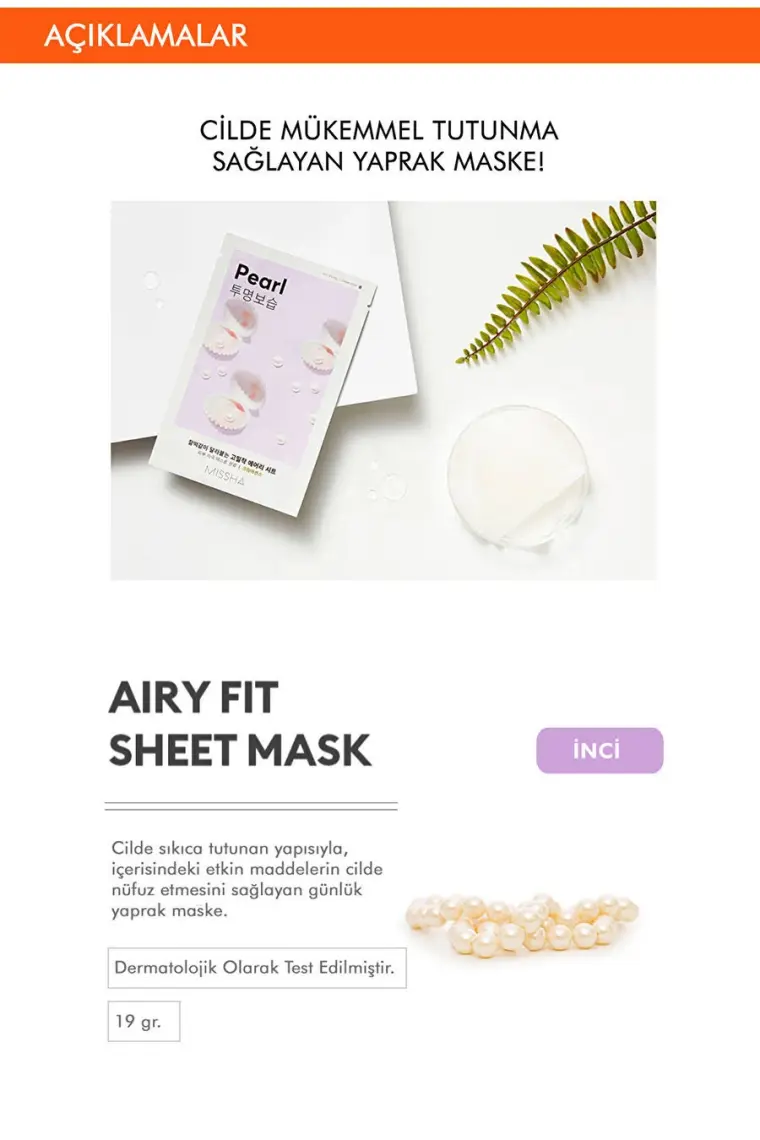 MISSHA İnci Özlü Aydınlık Görünüm Sunan Yaprak Maske (1ad) Airy Fit Sheet Mask Pearl