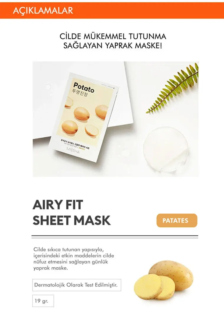 MISSHA Patates Özlü Aydınlık Görünüm Sunan Yaprak Maske (1ad) Airy Fit Sheet Mask Potato