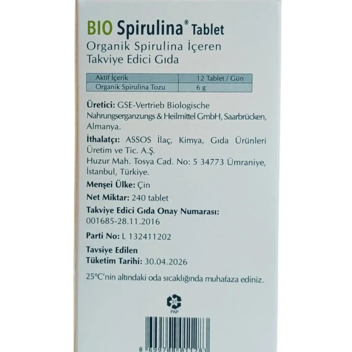 Assos Bio Spirulina 500 mg 240 Tablet