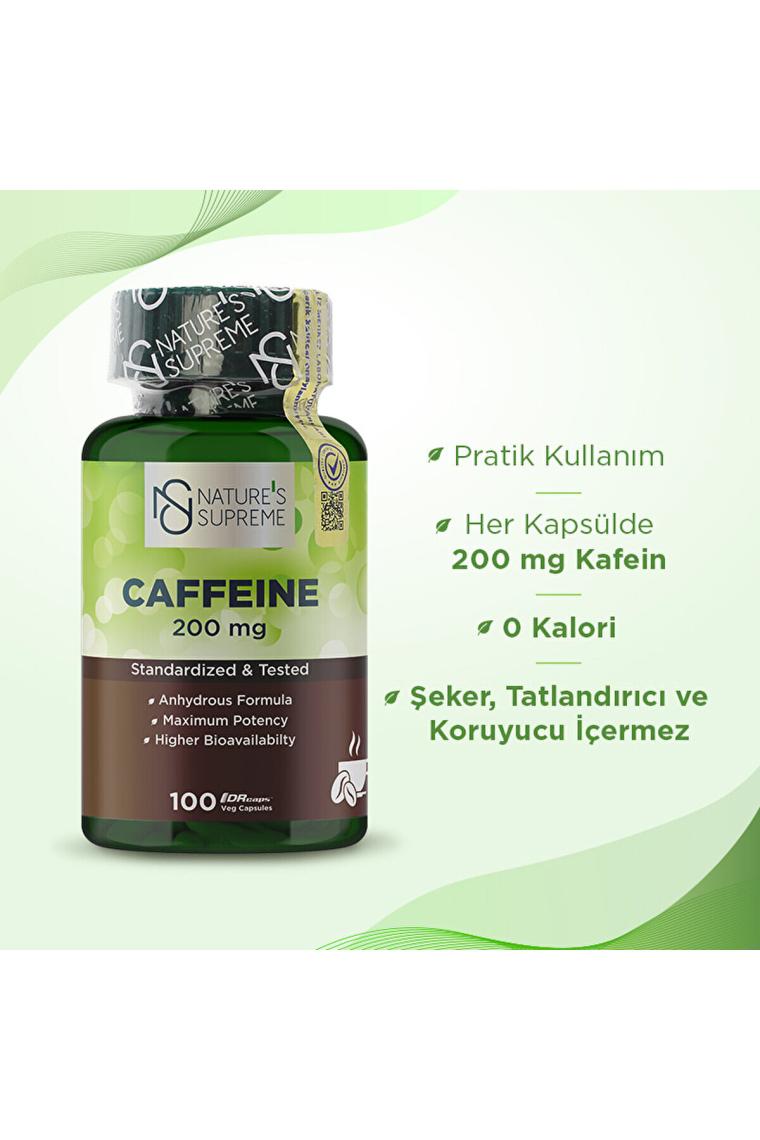 Nature's Supreme Kafein Takviyesi - Susuz Formül, 200 mg, 100 Kapsül, Yüksek Biyoyararlanım ile Enerji Artırıcı
