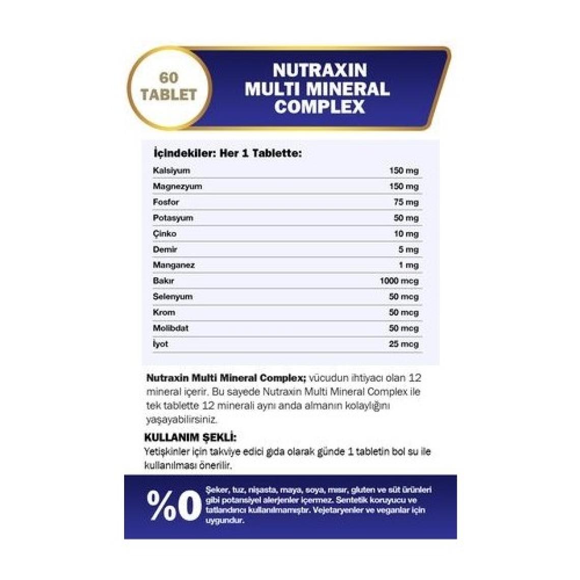 Nutraxin Çoklu Mineral Kompleksi 60 Tablet - Kalsiyum, Magnezyum, Çinko, Demir ve Diğer Mineraller İçeren Takviye Edici Gıda