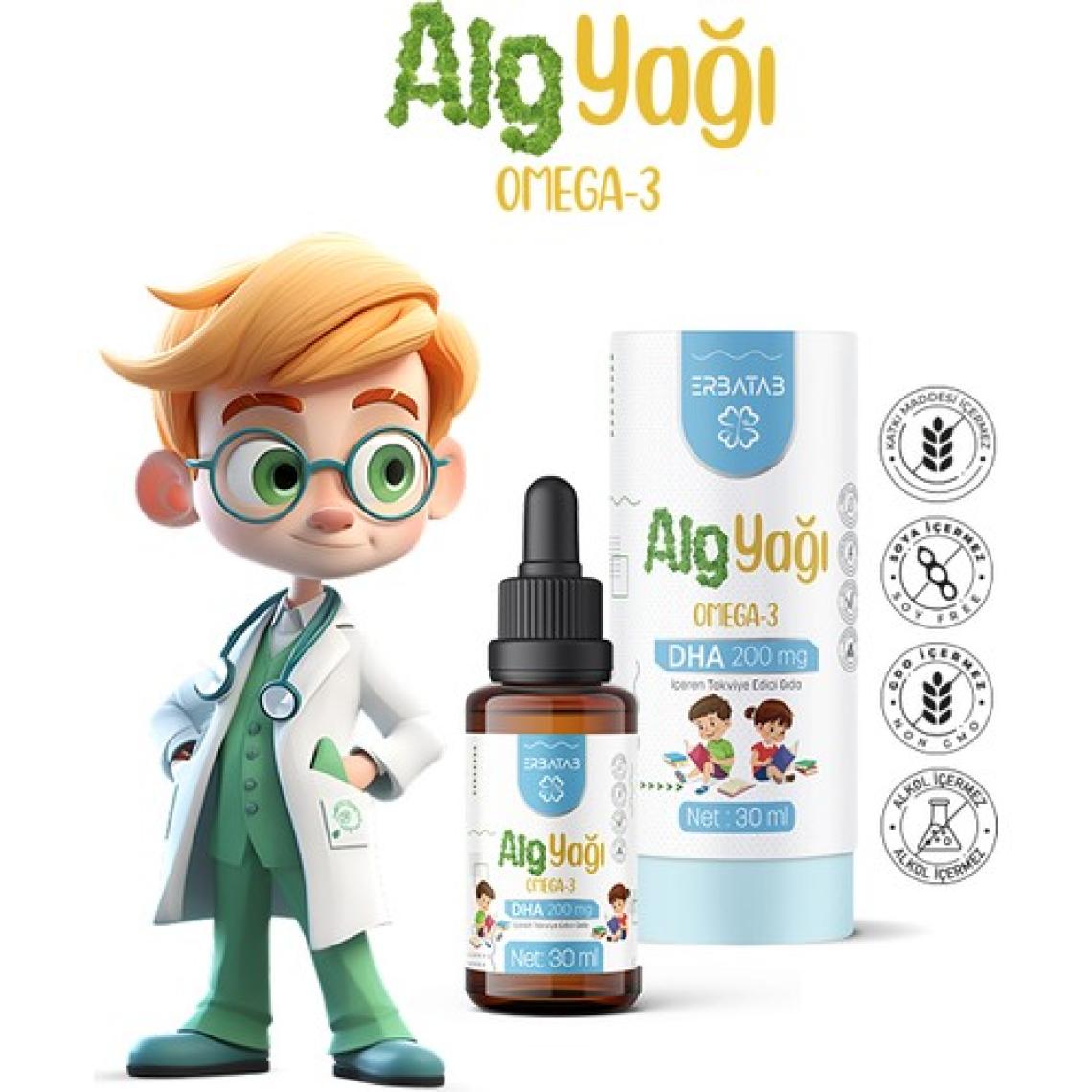 Erbatab Alg Yağı Omega-3 Damla 30 ml - Bitkisel DHA ve EPA İçeriği, Türkiye'de Üretilmiştir, Vegan ve Vejetaryen Uyumlu, Tekli Şişe