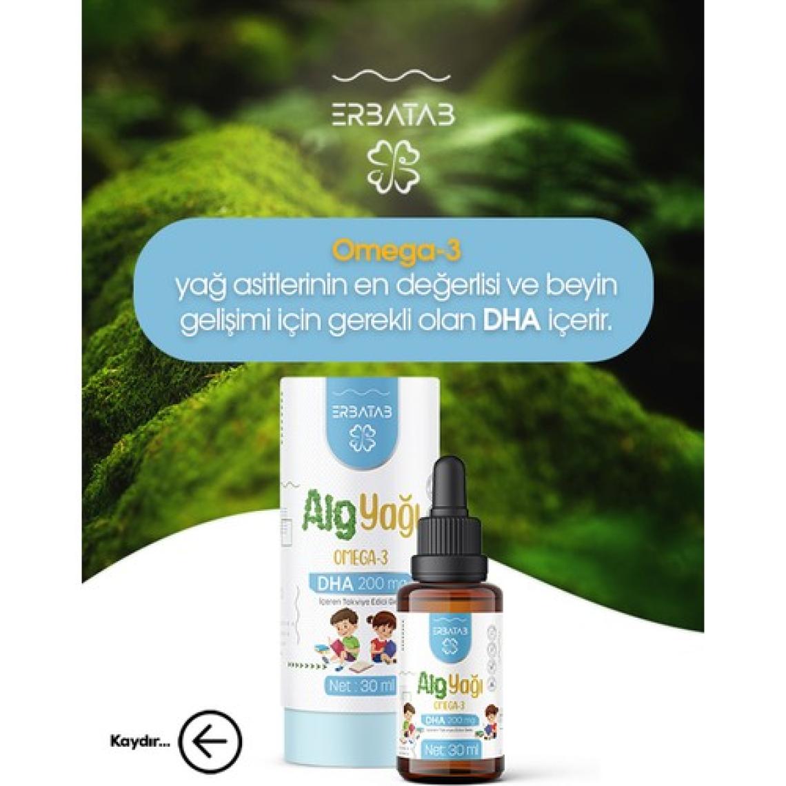 Erbatab Alg Yağı Omega-3 Damla 30 ml - Bitkisel DHA ve EPA İçeriği, Türkiye'de Üretilmiştir, Vegan ve Vejetaryen Uyumlu, Tekli Şişe
