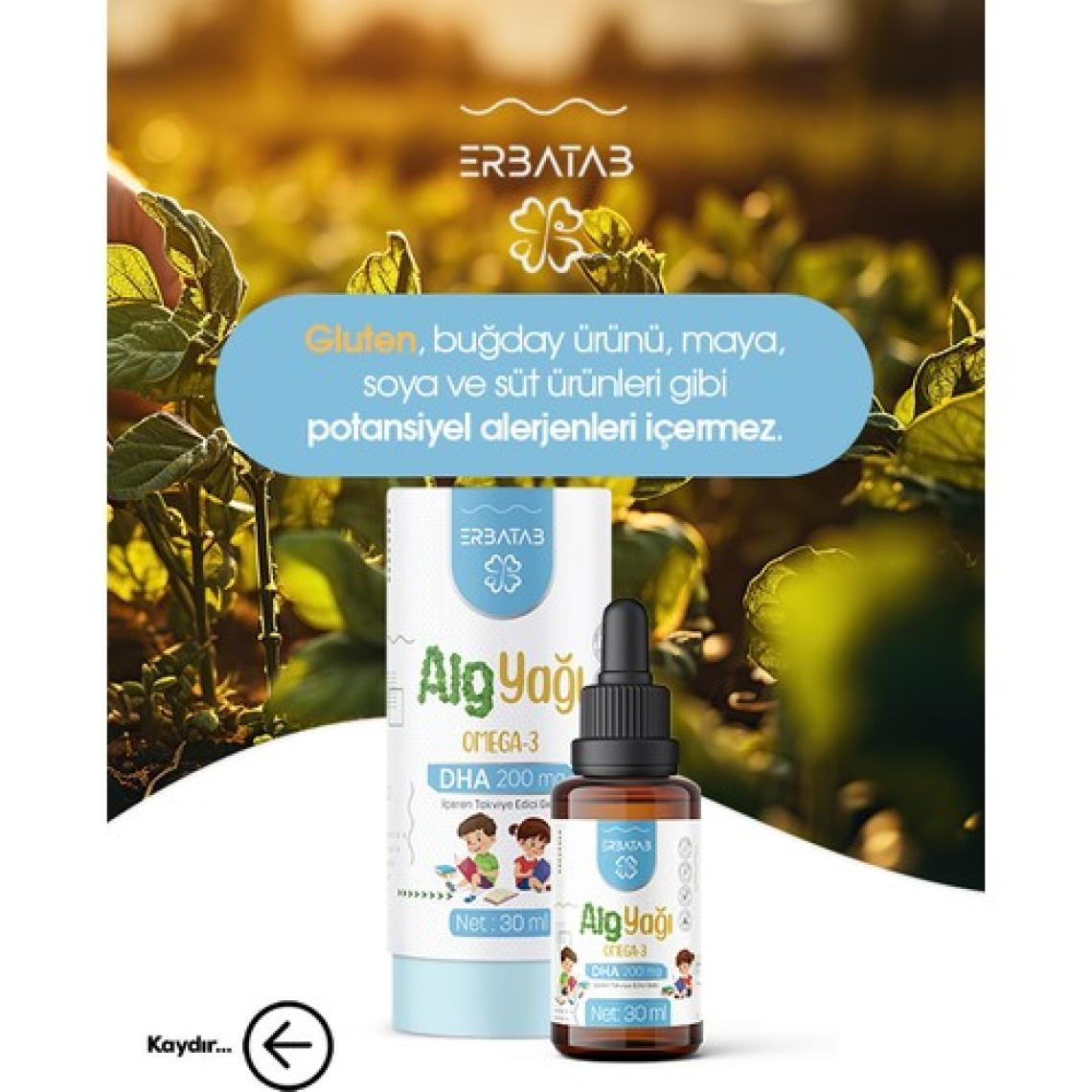 Erbatab Alg Yağı Omega-3 Damla 30 ml - Bitkisel DHA ve EPA İçeriği, Türkiye'de Üretilmiştir, Vegan ve Vejetaryen Uyumlu, Tekli Şişe
