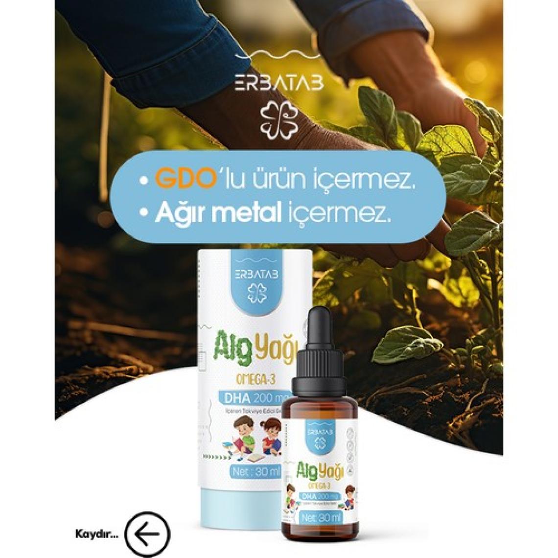 Erbatab Alg Yağı Omega-3 Damla 30 ml - Bitkisel DHA ve EPA İçeriği, Türkiye'de Üretilmiştir, Vegan ve Vejetaryen Uyumlu, Tekli Şişe