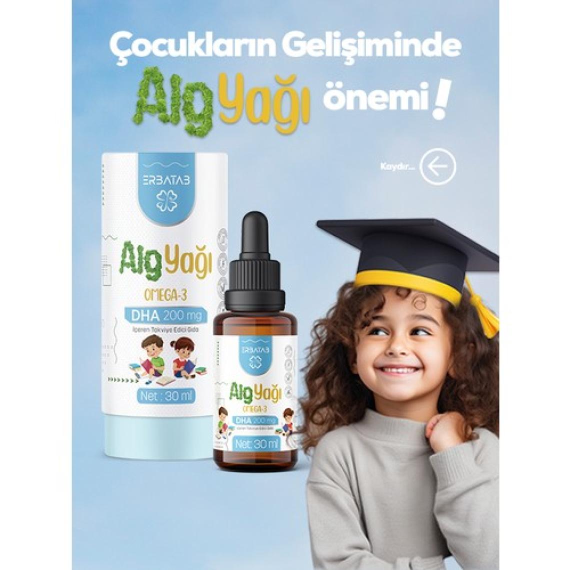 Erbatab Alg Yağı Omega-3 Damla 30 ml - Bitkisel DHA ve EPA İçeriği, Türkiye'de Üretilmiştir, Vegan ve Vejetaryen Uyumlu, Tekli Şişe