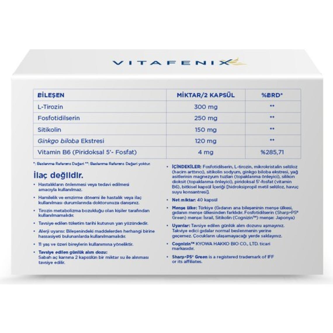 Vitafenix Cognizant Fosfotidilserin ve Sitikolin İçeren Takviye Edici Gıda 40 Kapsül