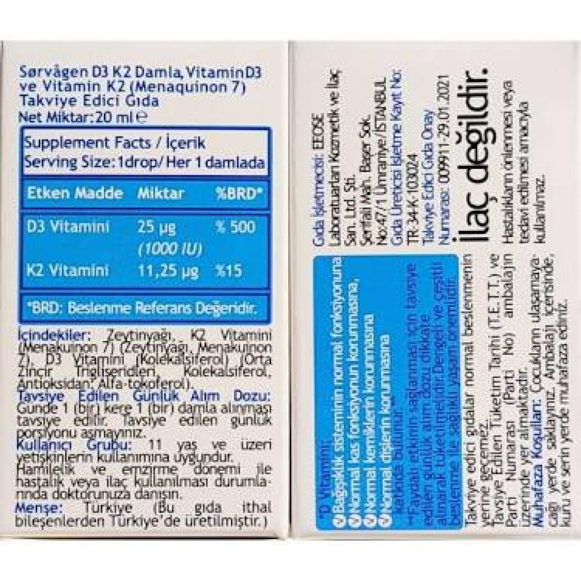 Sorvagen Vitamin D3K2 1000 Iu 20 ml Damla