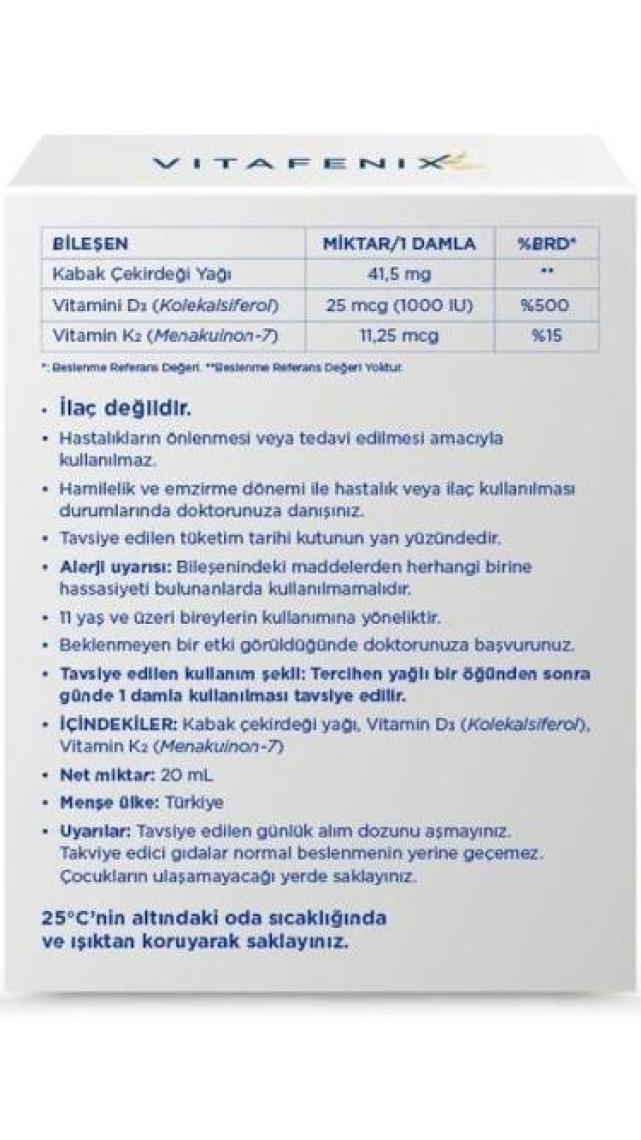 Vitafenix D3 K2 Ve Kabak Çekirdeği Yağı İçeren Vitamin 1000 Iu 20 ml Damla