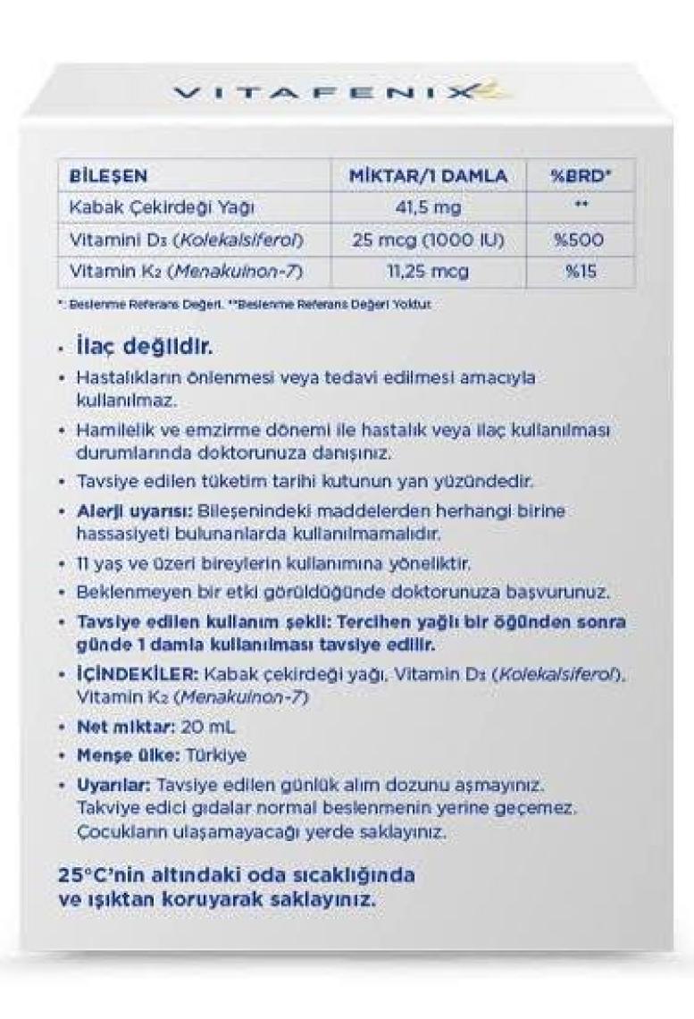 Vitafenix D3 K2 Ve Kabak Çekirdeği Yağı İçeren Vitamin 1000 Iu 20 ml Damla