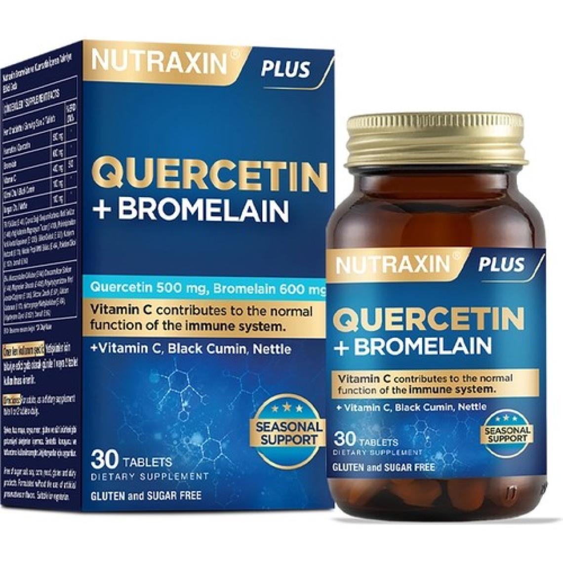 Nutraxin Quercetin + Bromelain Takviye Edici Gıda - 30 Tablet, Vitamin C, Çörek Otu ve Isırgan Otu İçerir, Türkiye Menşeli