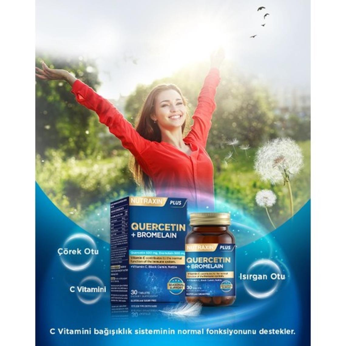 Nutraxin Quercetin + Bromelain Takviye Edici Gıda - 30 Tablet, Vitamin C, Çörek Otu ve Isırgan Otu İçerir, Türkiye Menşeli
