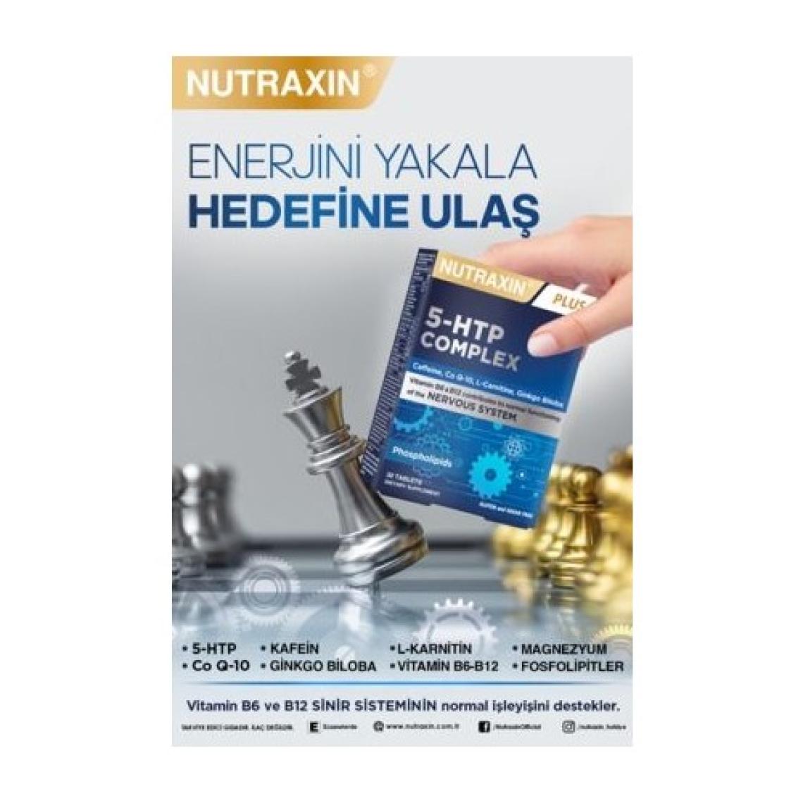 Nutraxin 5-HTP Kompleksi Takviye Edici Gıda - 30 Tablet, Kafein, Koenzim Q10, L-Karnitin ve Ginkgo Biloba İçerir, Türkiye Menşeli