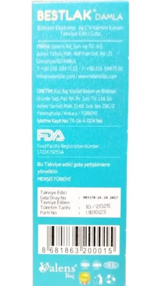Valens Bestlak Bitkisel Ekstreler Içeren Takviye Edici Gıda 50 ml