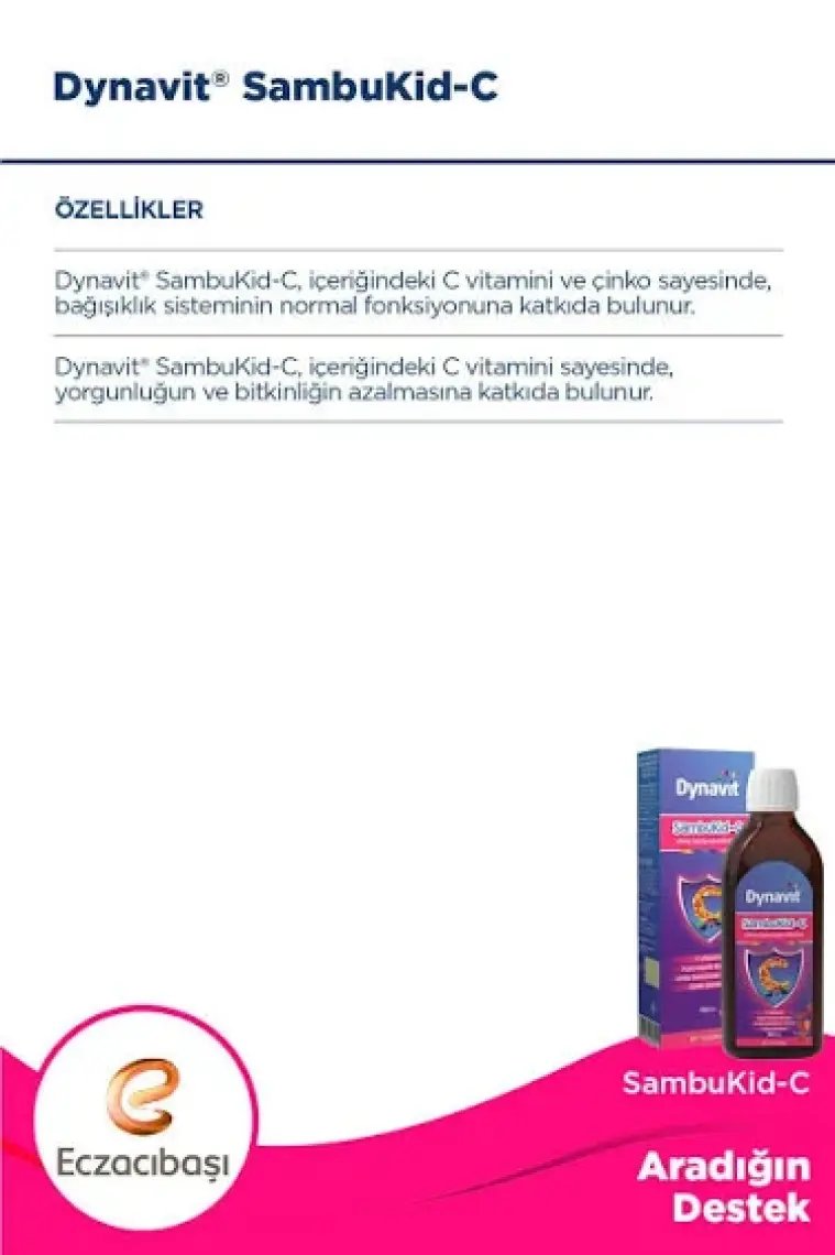 Dynavit Sambukid-C Şurup 150 mL - Kara Mürver Ekstresi, C Vitamini, Çinko, Afrika Sardunyası Ekstresi