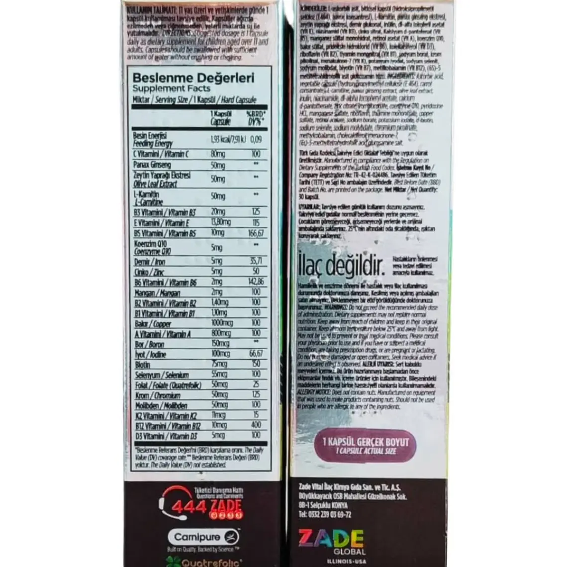 Zade Vital Multivitamin 30 Bitkisel Kapsül