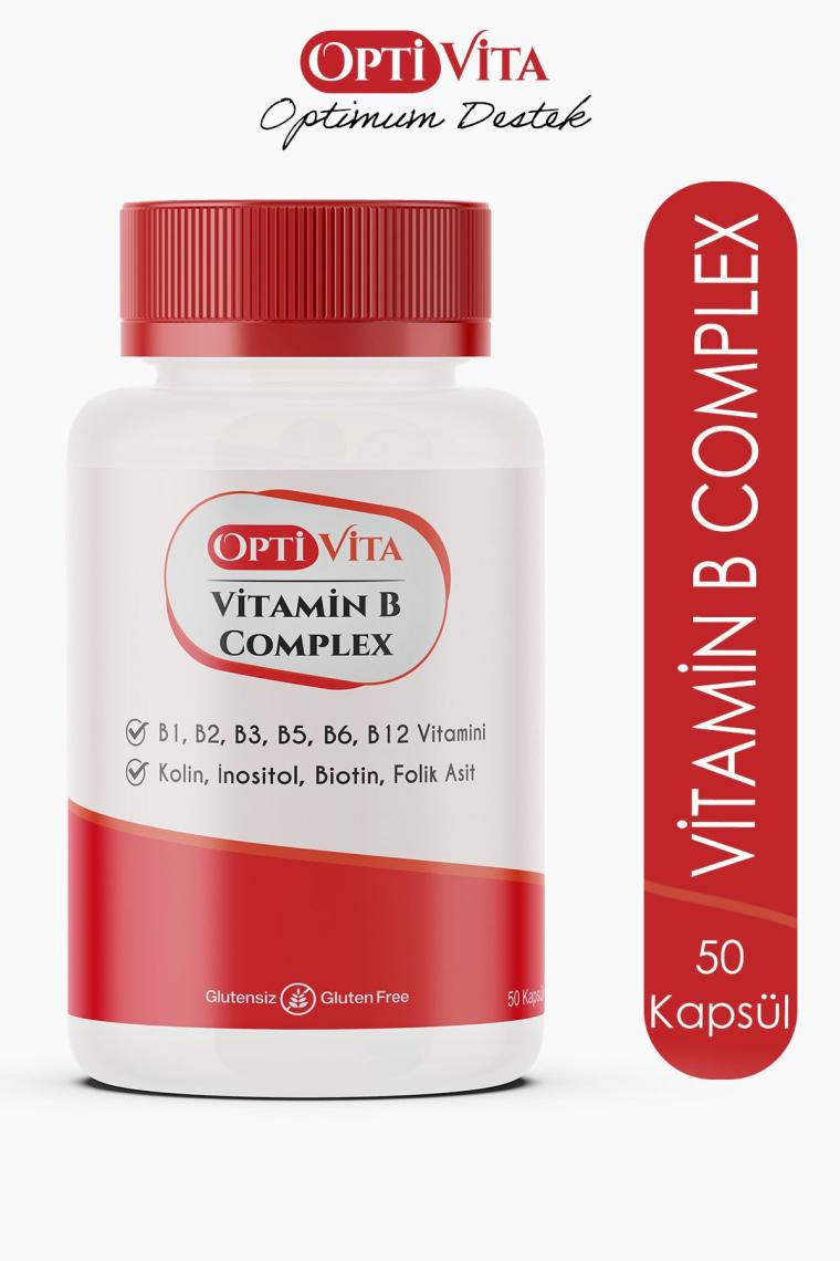 Optivita Vitamin B Complex 50 Kapsül B1, B2, B3, B5, B6, B12 Vitaminleri, Kolin, Inositol, Folik Asit, Biotin