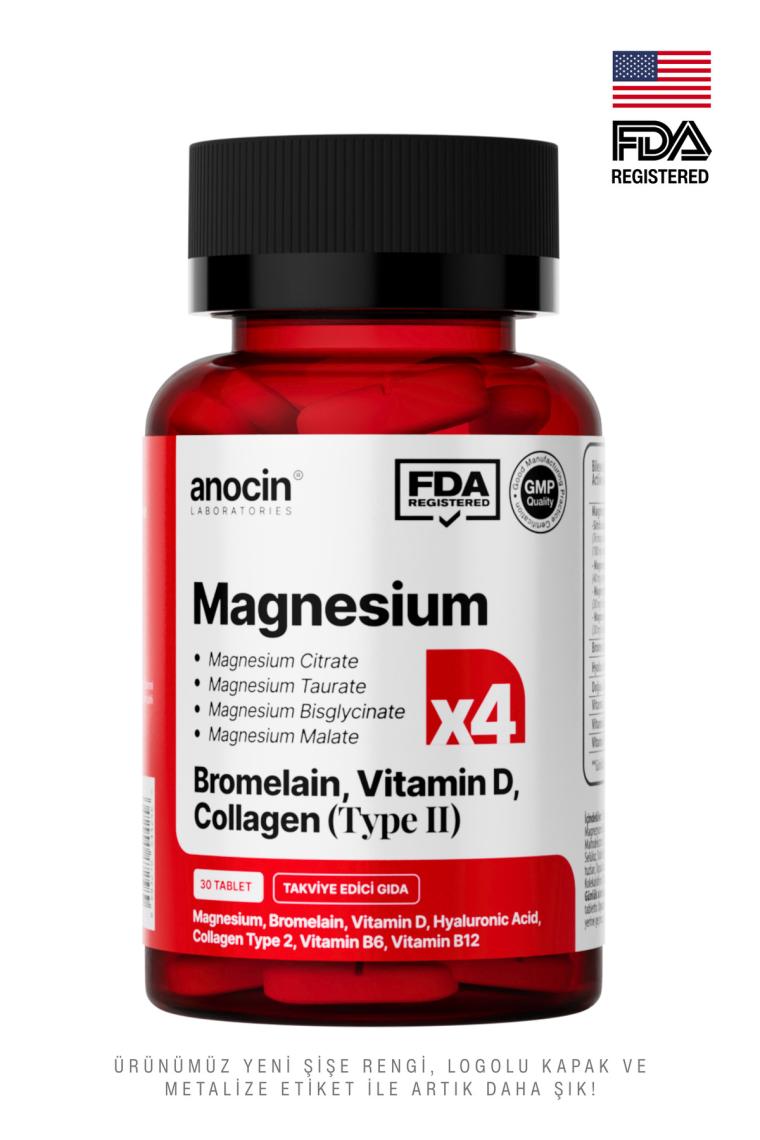 Anocin Magnezyum X4 Complex Citrate, Taurate, Bisglycinate, Malate + Bromelain + Kolajen