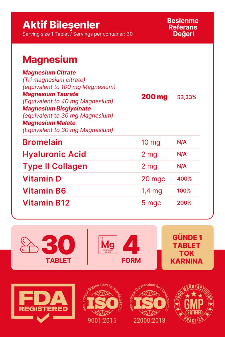 Anocin Magnezyum X4 Complex Citrate, Taurate, Bisglycinate, Malate + Bromelain + Kolajen